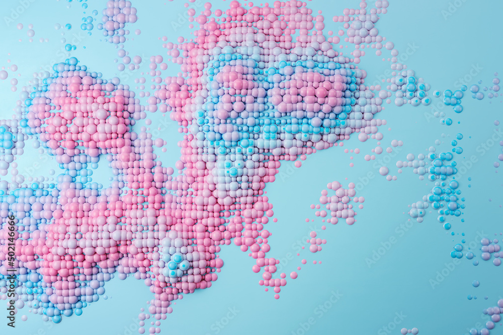 Poster creative spreading blue and pink bubbles background. design and creativity concept. 3d rendering.