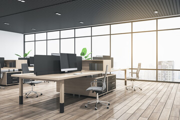 Modern filtered coworking office interior with wooden flooring, furniture, equipment, window and city view. 3D Rendering.