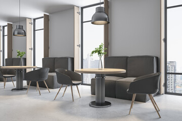 Clean concrete cafe interior with furniture and bright city view. Dine in concept. 3D Rendering.