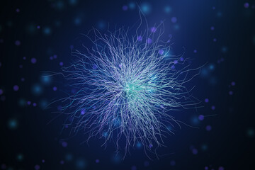 Fototapeta premium Abstract molecule or bacteria background with dark bokeh circles. Bg and design concept. 3D Rendering.