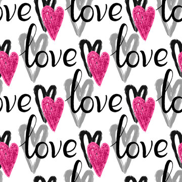 Fototapeta Stylish graphic seamless pattern with hearts and the inscriptions love