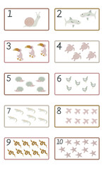 Kids educational cards with numbers. Lots of funny animals to count. Fun learning numbers from 1 to 10. Cute baby poster in pastel colors design of the nursery, play room, classroom. Educational game