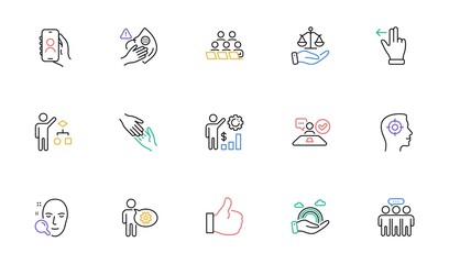 Teamwork, Justice scales and User call line icons for website, printing. Collection of Job interview, Face search, Recruitment icons. Cogwheel, Algorithm, Dirty mask web elements. Like. Vector