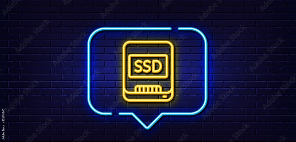 Poster neon light speech bubble. ssd line icon. computer memory component sign. data storage symbol. neon l