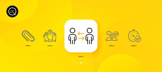 Fototapeta na wymiar Vote, Job interview and Fast verification minimal line icons. Yellow abstract background. Teamwork business, Paper clip icons. For web, application, printing. Vector
