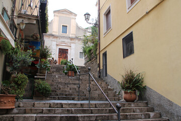 Fototapeta na wymiar church (carmine) and stairs in taormina in sicily in italy 