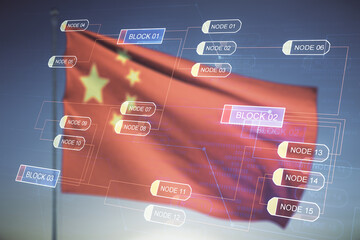 Multi exposure of abstract graphic coding sketch on Chinese flag and sunset sky background, big data and networking concept
