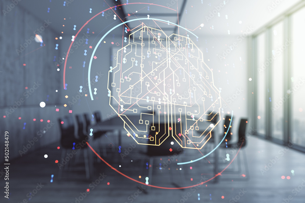 Aufkleber Double exposure of creative human brain microcircuit hologram on a modern boardroom background. Future technology and AI concept