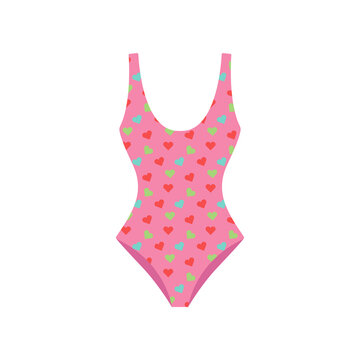 Flat vector stylish swimsuits in various shapes and colors, white background. Fashion women's swimwear and bikinis top and bottom. Summer beach season. Colorful hearts on red color