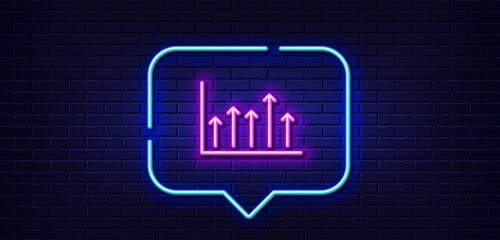 Neon light speech bubble. Growth chart line icon. Financial graph sign. Upper Arrows symbol. Business investment. Neon light background. Growth chart glow line. Brick wall banner. Vector