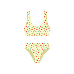 Lingerie and swimsuits vector stickers. Woman beach season fashion clothes, swimsuit, Underwear tops and bottoms. Vector flat illustration isolated. Summer vibes banner. Yellow