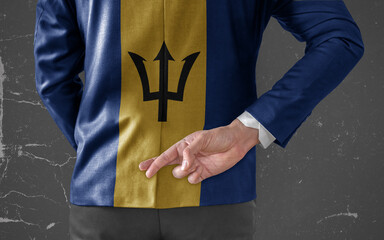 Jacket Flag of Barbados on Businessman with his fingers crossed behind his back