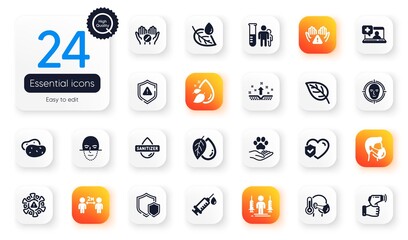 Set of Healthcare flat icons. Sick man, Clean skin and Hand sanitizer elements for web application. Coronavirus, Clean hands, Electronic thermometer icons. Leaf dew, Medical help. Vector