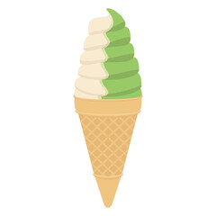 Vector illustration of matcha green tea vanilla swirl soft serve ice cream cone.	