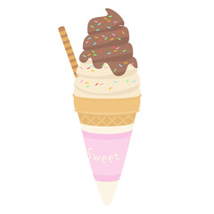 Vector illustration of vanilla soft serve ice cream poured with chocolate sauce and rainbow sprinkles.