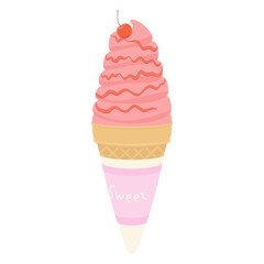 Vector illustration of strawberry soft serve ice cream with cherry.