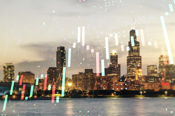 Fototapeta na wymiar Multi exposure of virtual abstract financial diagram on Chicago office buildings background, banking and accounting concept