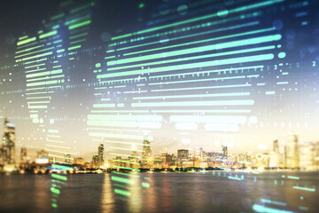 Fototapeta premium Abstract creative digital world map on Chicago cityscape background, globalization concept. Multiexposure