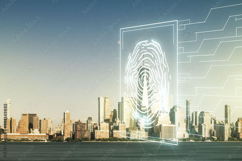 Aufkleber Multi exposure of virtual fingerprint scan interface on Manhattan office buildings background, digital access concept