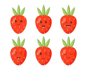 Strawberry collection  with kawaii eyes. Flat design vector design illustration isolated on white background 