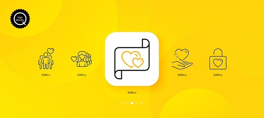 Fototapeta na wymiar Woman love, Love letter and Hold heart minimal line icons. Yellow abstract background. Wedding locker, Friendship icons. For web, application, printing. Romantic people, Heart, Valentines day. Vector