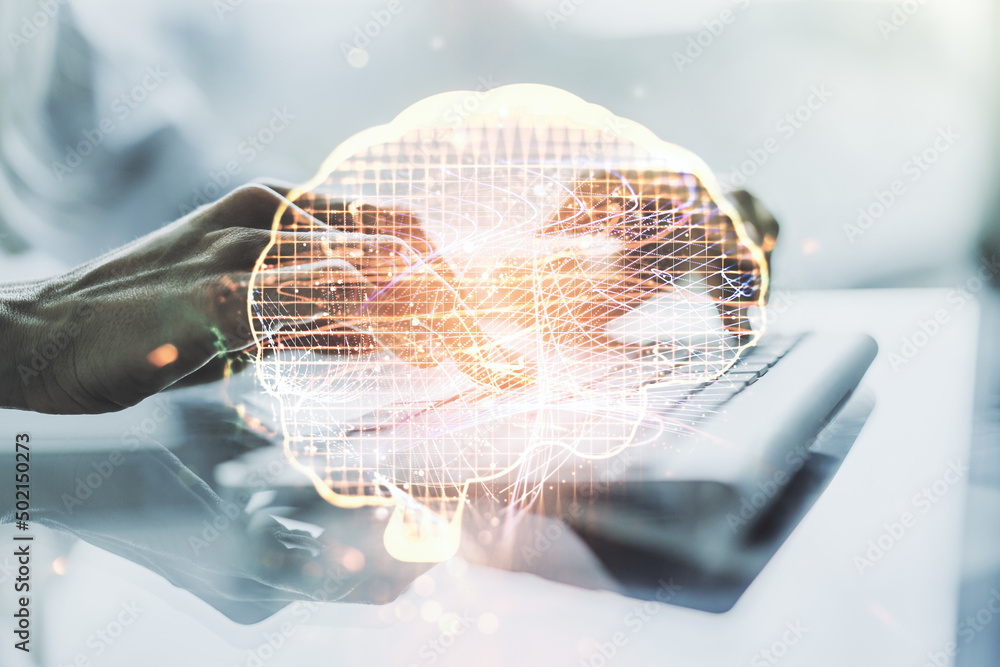 Poster double exposure of creative artificial intelligence symbol with hands typing on laptop on background