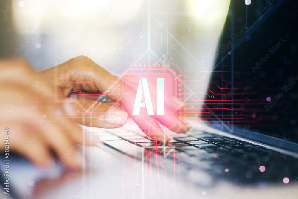 Poster creative artificial intelligence symbol concept with hands typing on computer keyboard on background