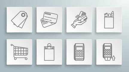 Set line Shopping cart, Credit card, Paper shopping bag, Pos terminal, with inserted credit, Human hand holding, food and Blank label template price tag icon. Vector