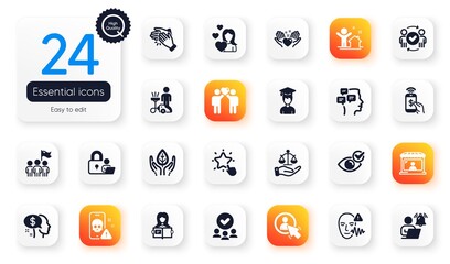 Set of People flat icons. Messages, Cyber attack and Phone payment elements for web application. Friends couple, Ranking star, Cleaning icons. Approved group, Student. Square buttons with icon. Vector