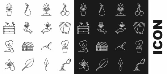 Set line Watering can with water, Tree pot, Garden gloves, Flower, Hand holding flower, Wooden box for fruits vegetables, and Plant hand of environmental protection icon. Vector