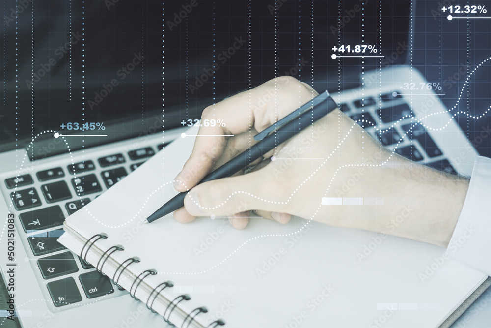 Poster multi exposure of stats data illustration with hand writing in notebook on background with laptop, c