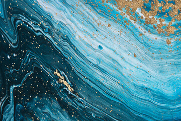 Fluid Art acrylic paints. Abstract mixing turquoise paint waves. Liquid golden flows splashes....