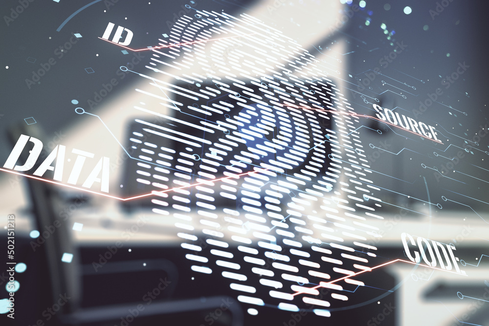 Poster Multi exposure of abstract graphic fingerprint sketch and modern desktop with pc on background, fingerprint scan data concept