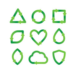 Ecology recycle icon set. Green recycle symbol arrows in different shapes: round circle, square, triangle, heart, cloud, water drop, plant leaf. Conscious consumption concept. Flat vector illustration