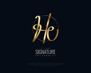 Initial H and U Logo Design in Gold Handwriting Style. HU Signature Logo or Symbol for Wedding, Fashion, Jewelry, Boutique and Business Brand Identity