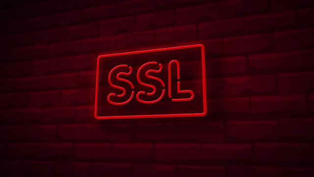 ssl Neon Sign on Brick Wall Background.4K motion animation.pink color