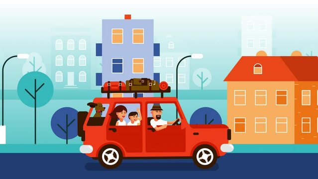 Family travel by car through the city. Looped animation.