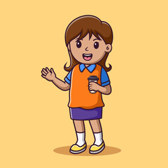 Cartoon cute little girl waving hand while holding a cup of coffee,vector cartoon illustration,cartoon clipart