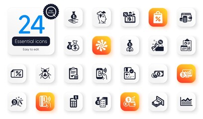 Set of Finance flat icons. Currency rate, Atm money and Accounting checklist elements for web application. Contactless payment, Accounting wealth, Software bug icons. Shopping bag. Vector
