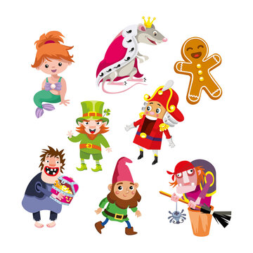 Set of fairytale isolated characters in cartoon style on white background. Icons for design of postcards, posters, books. Vector illustration.