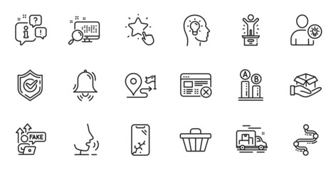Outline set of Ranking star, Timeline and Shop cart line icons for web application. Talk, information, delivery truck outline icon. Include Winner podium, Ab testing, Hold box icons. Vector