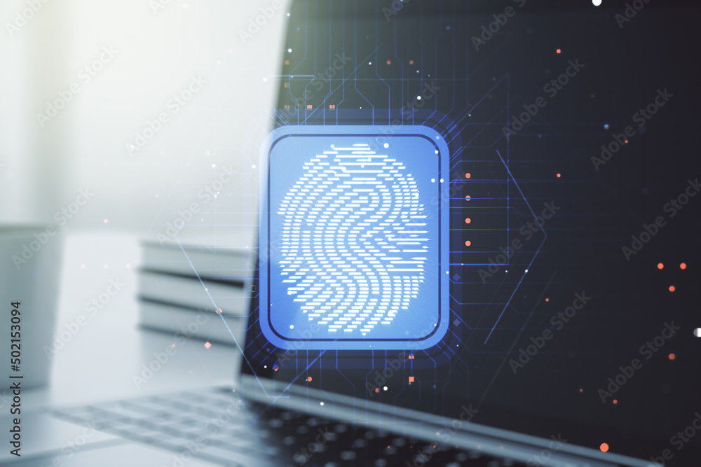 Poster Multi exposure of abstract graphic fingerprint sketch on modern computer background, fingerprint scan data concept