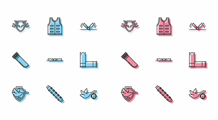 Set line Flying duck on shield, Hunting cartridge belt with cartridges, Deer antlers, crosshairs, Trap hunting, Cartridges, Quiver arrows and jacket icon. Vector