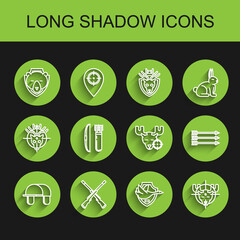 Set line Hunter hat, Two crossed shotguns, Bear head on shield, Flying duck, moose with crosshairs, Bow and arrow quiver, Hipster arrows and icon. Vector