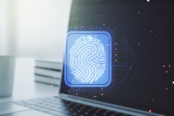 Multi exposure of abstract graphic fingerprint sketch on modern computer background, fingerprint scan data concept