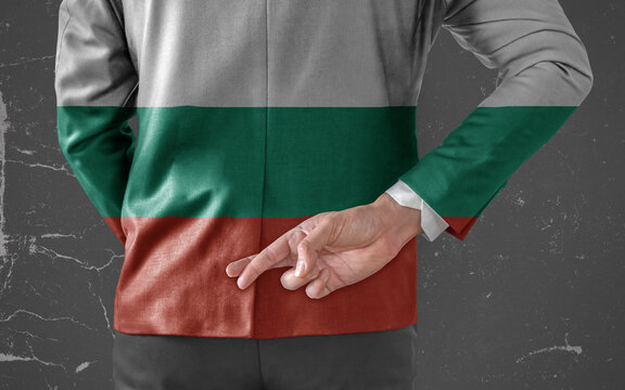 Businessman Jacket with Flag of Bulgaria with his fingers crossed behind his back