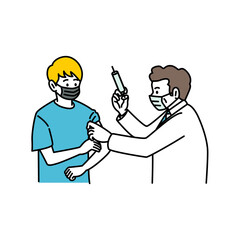 注射を若い男性に打つ男性医師　上半身