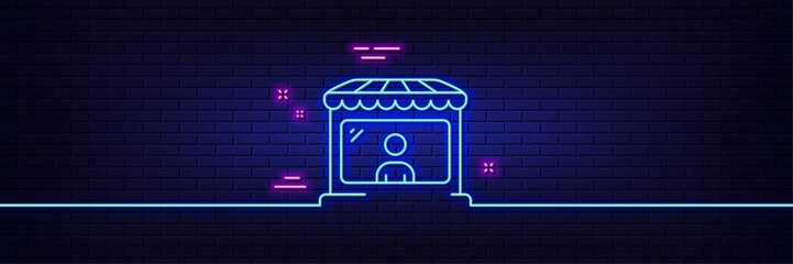 Neon light glow effect. Market seller line icon. Wholesale store buyer sign. Retail marketplace symbol. 3d line neon glow icon. Brick wall banner. Market seller outline. Vector