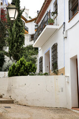 Fototapeta na wymiar Whitewashed facades of houses with garden in Altea