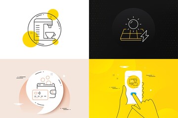 Minimal set of Solar panels, Presentation board and Card line icons. Phone screen, Quote banners. Coffee machine icons. For web development. Electric power, Growth chart, Money wallet. Vector